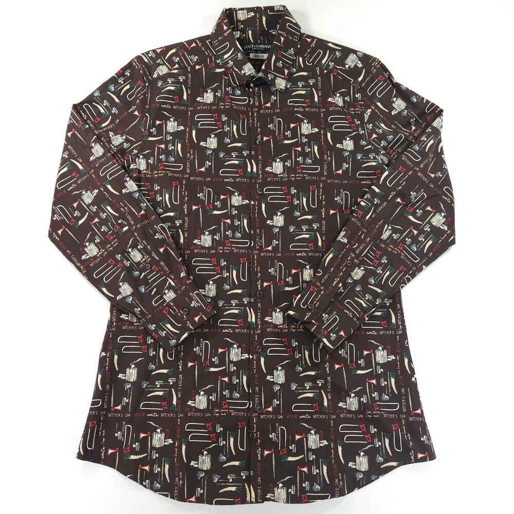 Dolce Gabbana GOLD Butchers Saw Novelty Print Cotton Shirt Brown Made Italy M